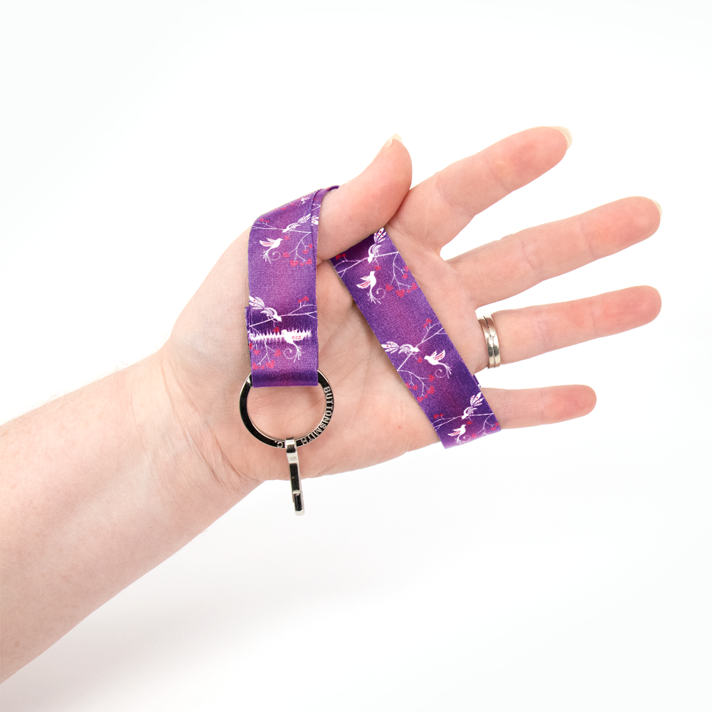 Love Birds Purple Wristlet Lanyard - Short Length with Flat Key Ring and Clip - Made in the USA