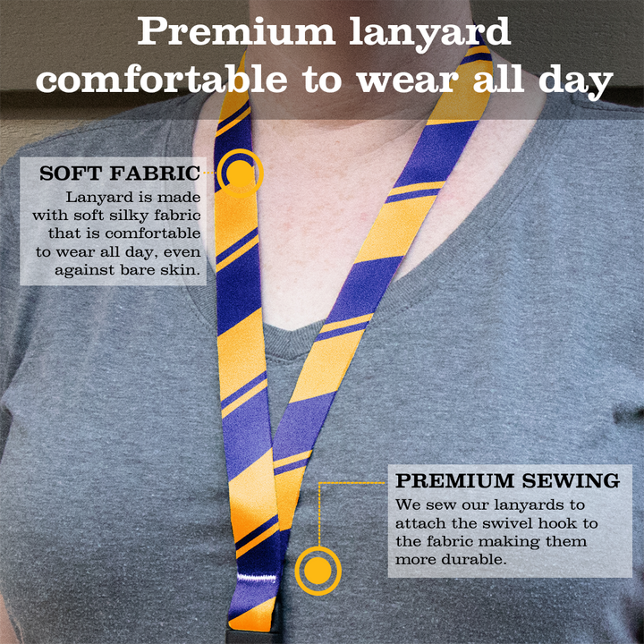 Purple Gold Stripes Premium Lanyard - with Buckle and Flat Ring - Made in the USA