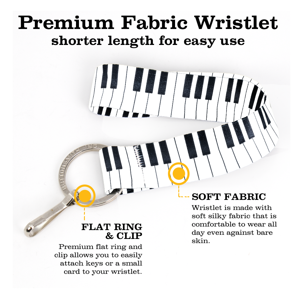 Piano Keys Wristlet Lanyard - Short Length with Flat Key Ring and Clip - Made in the USA