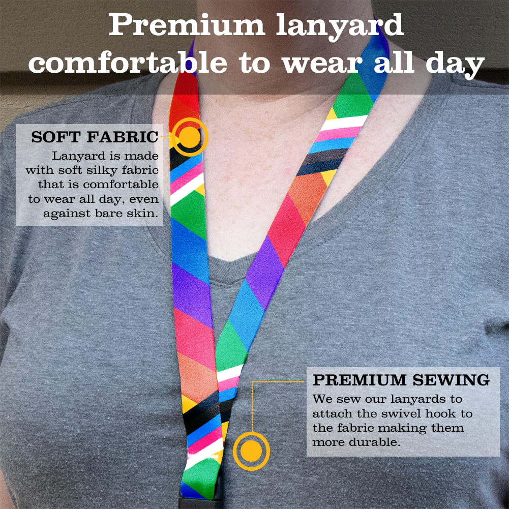 Rainbow Plus Pride Breakaway Lanyard - with Buckle and Flat Ring - Made in the USA