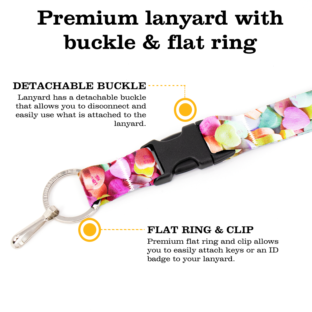 Conversation Hearts Premium Lanyard - with Buckle and Flat Ring - Made in the USA