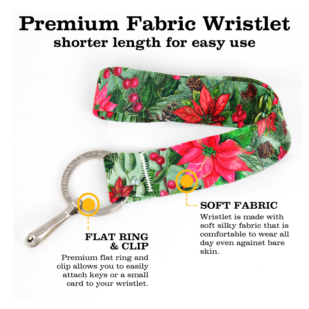 Holiday Flora Wristlet Lanyard - Short Length with Flat Key Ring and Clip - Made in the USA