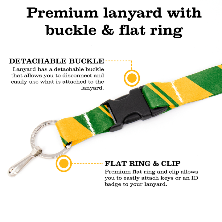 Green Yellow Stripes Breakaway Lanyard - with Buckle and Flat Ring - Made in the USA