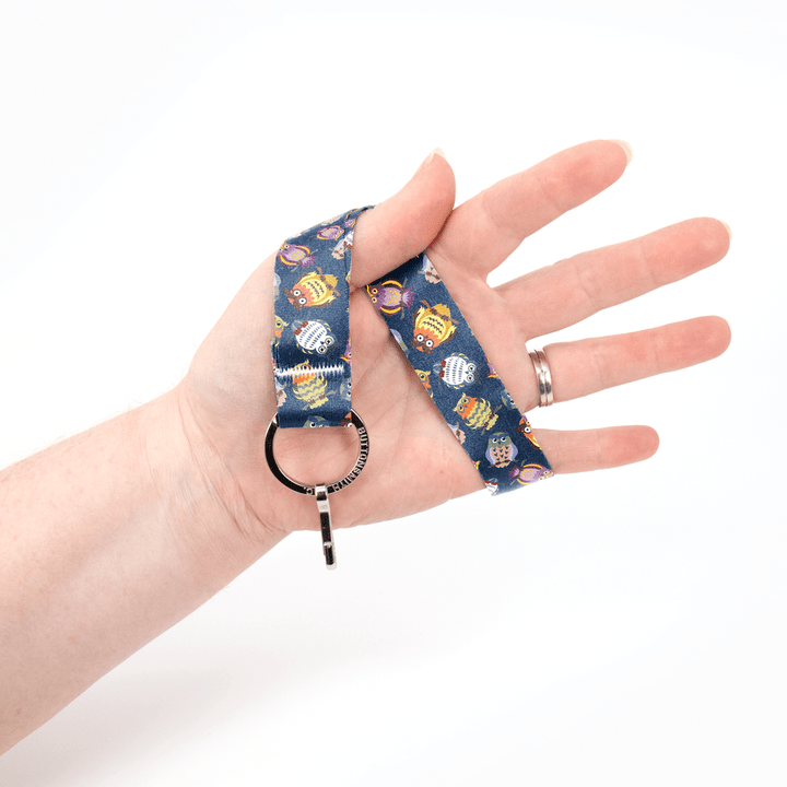 Wise Owls Wristlet Lanyard - Short Length with Flat Key Ring and Clip - Made in the USA