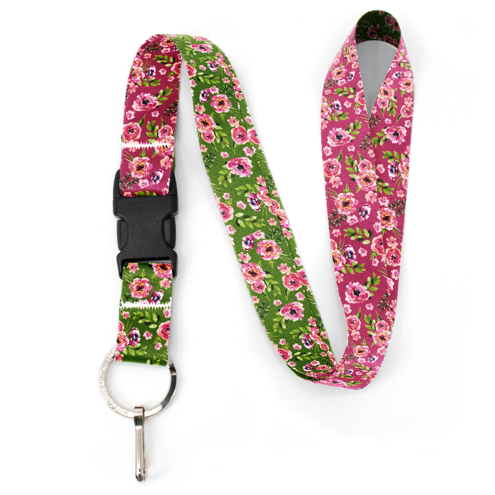 Peonies Pink Premium Lanyard - with Buckle and Flat Ring - Made in the USA