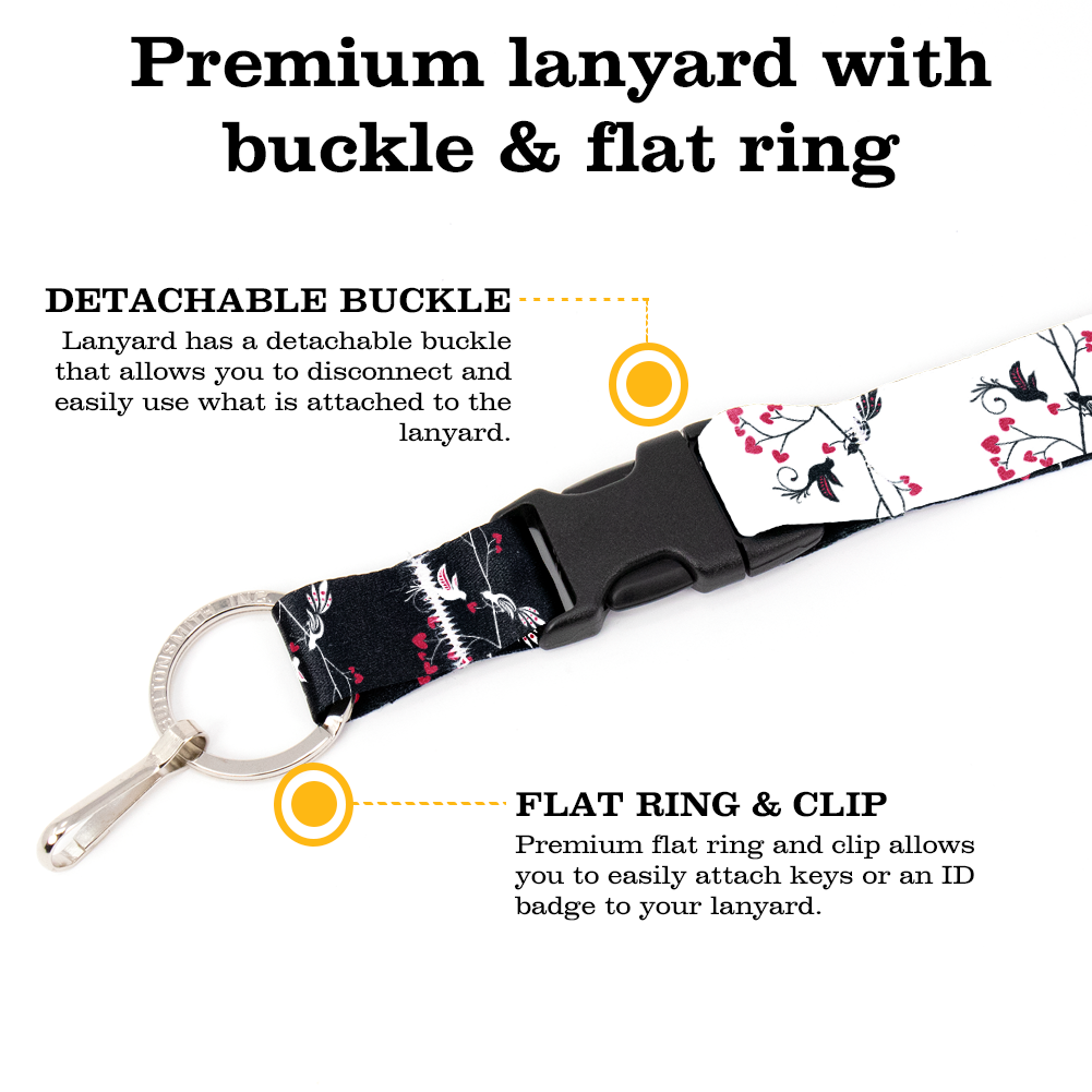 Love Birds Black & White Breakaway Lanyard - with Buckle and Flat Ring - Made in the USA