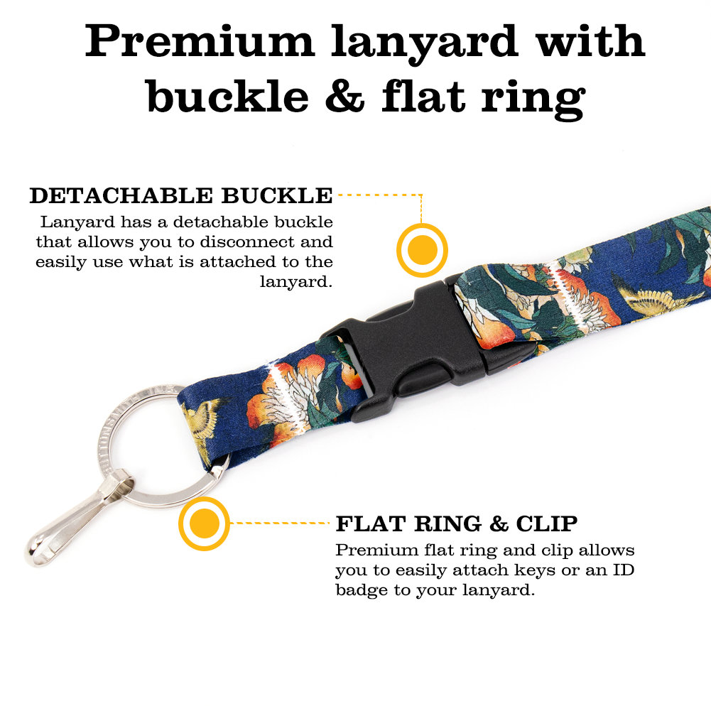 Hokusai Canary and Peony Premium Lanyard - with Buckle and Flat Ring - Made in the USA