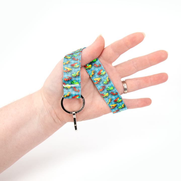 Toy Wheels Blue Wristlet Lanyard - Short Length with Flat Key Ring and Clip - Made in the USA