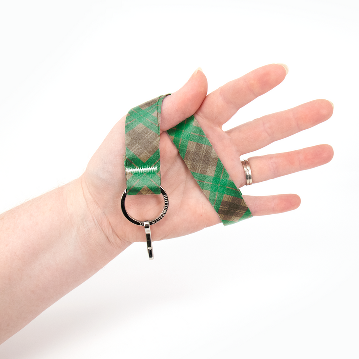 Tyneside Green Plaid Wristlet Lanyard - Short Length with Flat Key Ring and Clip - Made in the USA