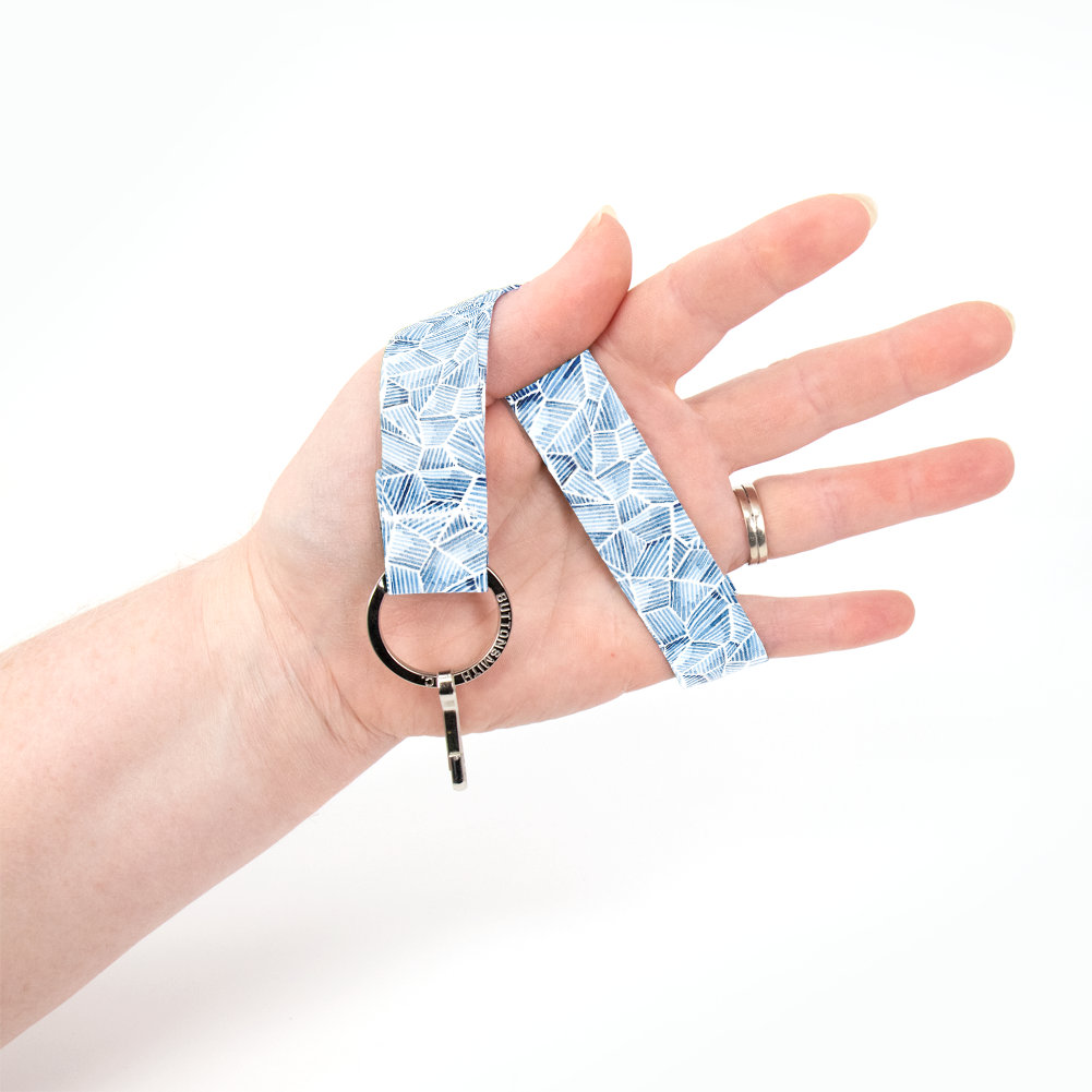 Blue Fractured Wristlet Lanyard - Short Length with Flat Key Ring and Clip - Made in the USA