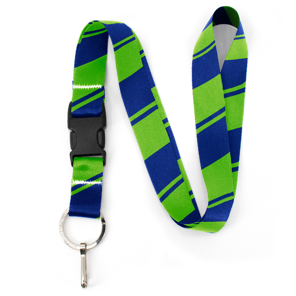 Blue Green Stripes Premium Lanyard - with Buckle and Flat Ring - Made in the USA