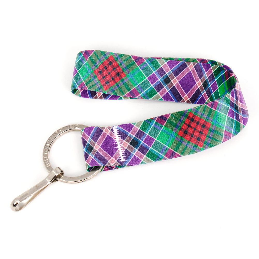 Gordon Red Plaid Wristlet Lanyard - Short Length with Flat Key Ring and Clip - Made in the USA