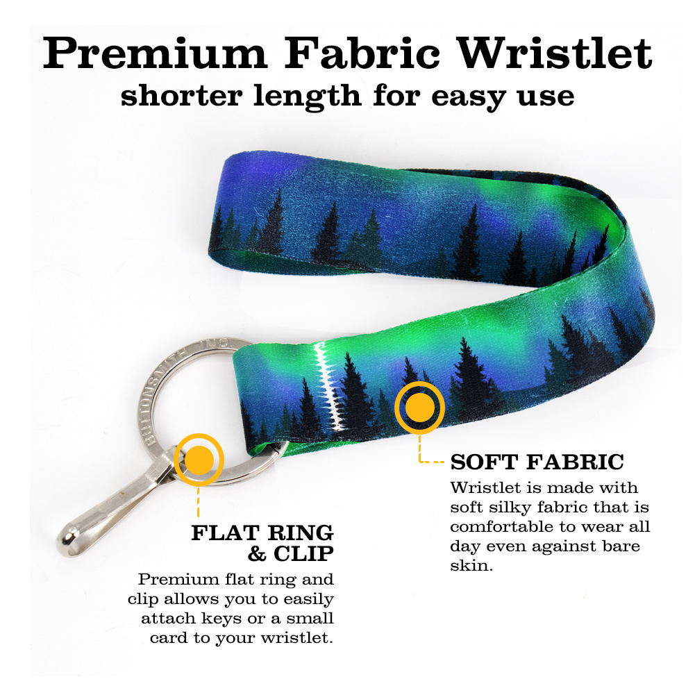 Northern Lights Wristlet Lanyard - Short Length with Flat Key Ring and Clip - Made in the USA