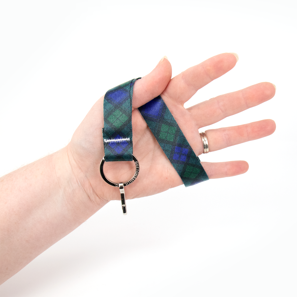 Black Watch Plaid Lanyard - Short Length with Flat Key Ring and Clip - Made in the USA