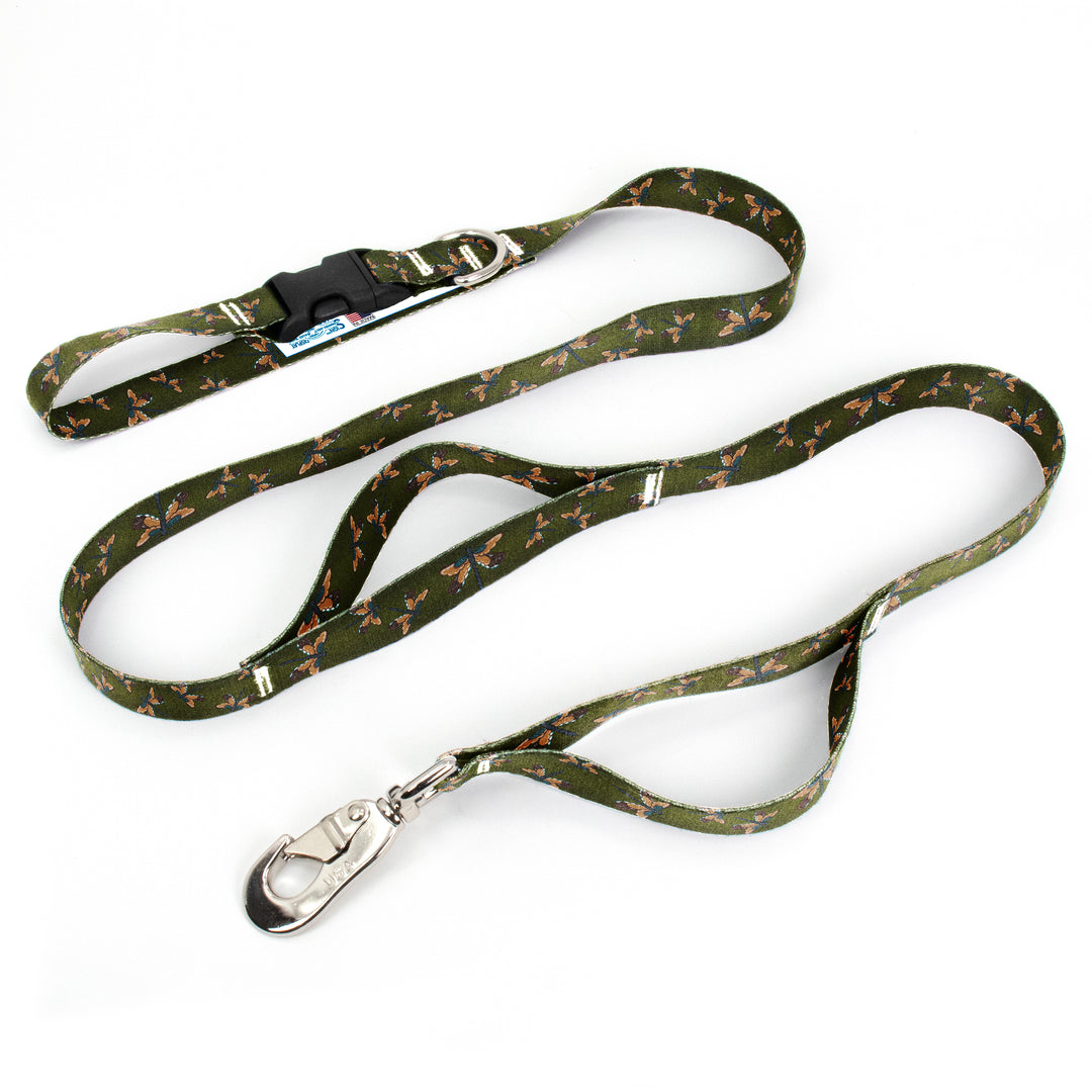 Rebecca McGovern Dragonflies on Olive Fab Grab Leash - Made in USA