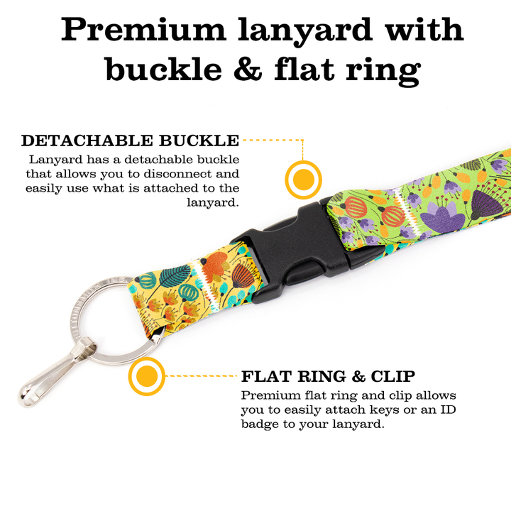 Green & Purple Flowers Premium Lanyard - with Buckle and Flat Ring - Made in the USA