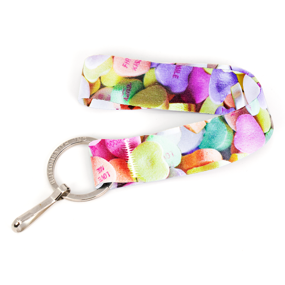 Conversation Hearts Wristlet Lanyard - Short Length with Flat Key Ring and Clip - Made in the USA