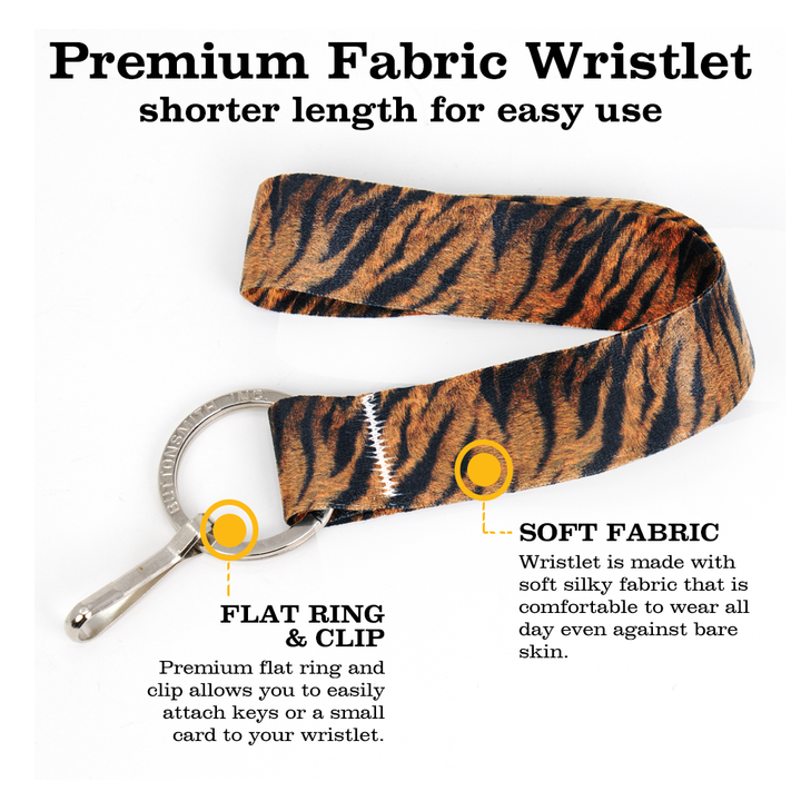 Tiger Wristlet Lanyard - Short Length with Flat Key Ring and Clip - Made in the USA