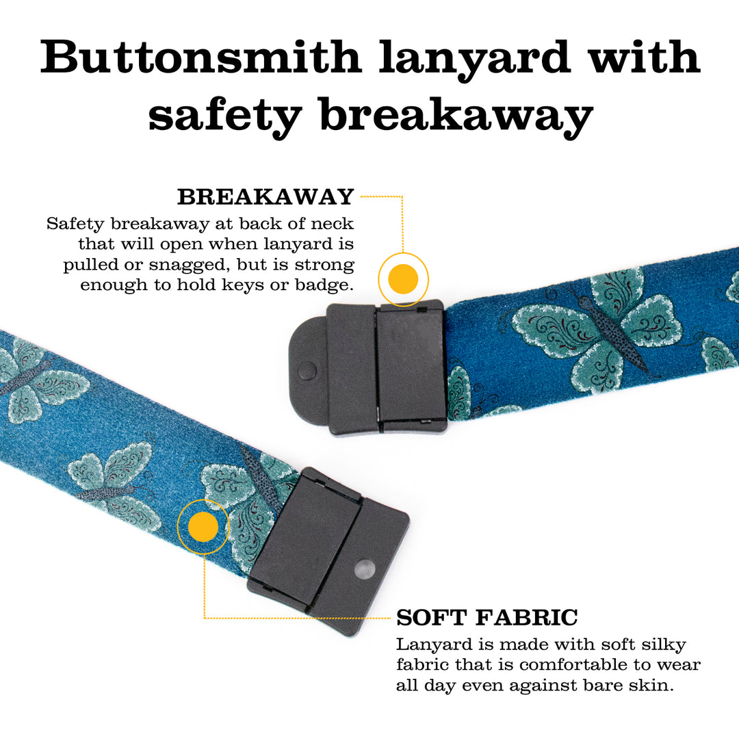 Buttonsmith Blue Butterflies Breakaway Lanyard - with Buckle and Flat Ring - Based on Rebecca McGovern Art - Officially Licensed - Made in the USA - Buttonsmith Inc.