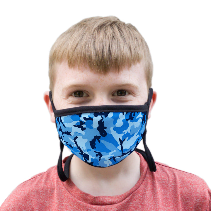 Buttonsmith Blue Camo Youth Adjustable Face Mask with Filter Pocket - Made in the USA - Buttonsmith Inc.