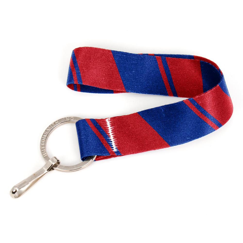 Blue Red Stripes Wristlet Lanyard - Short Length with Flat Key Ring and Clip - Made in the USA