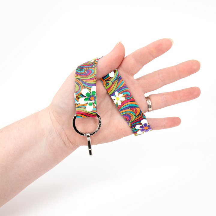 Peace and Love Wristlet Lanyard - Short Length with Flat Key Ring and Clip - Made in the USA