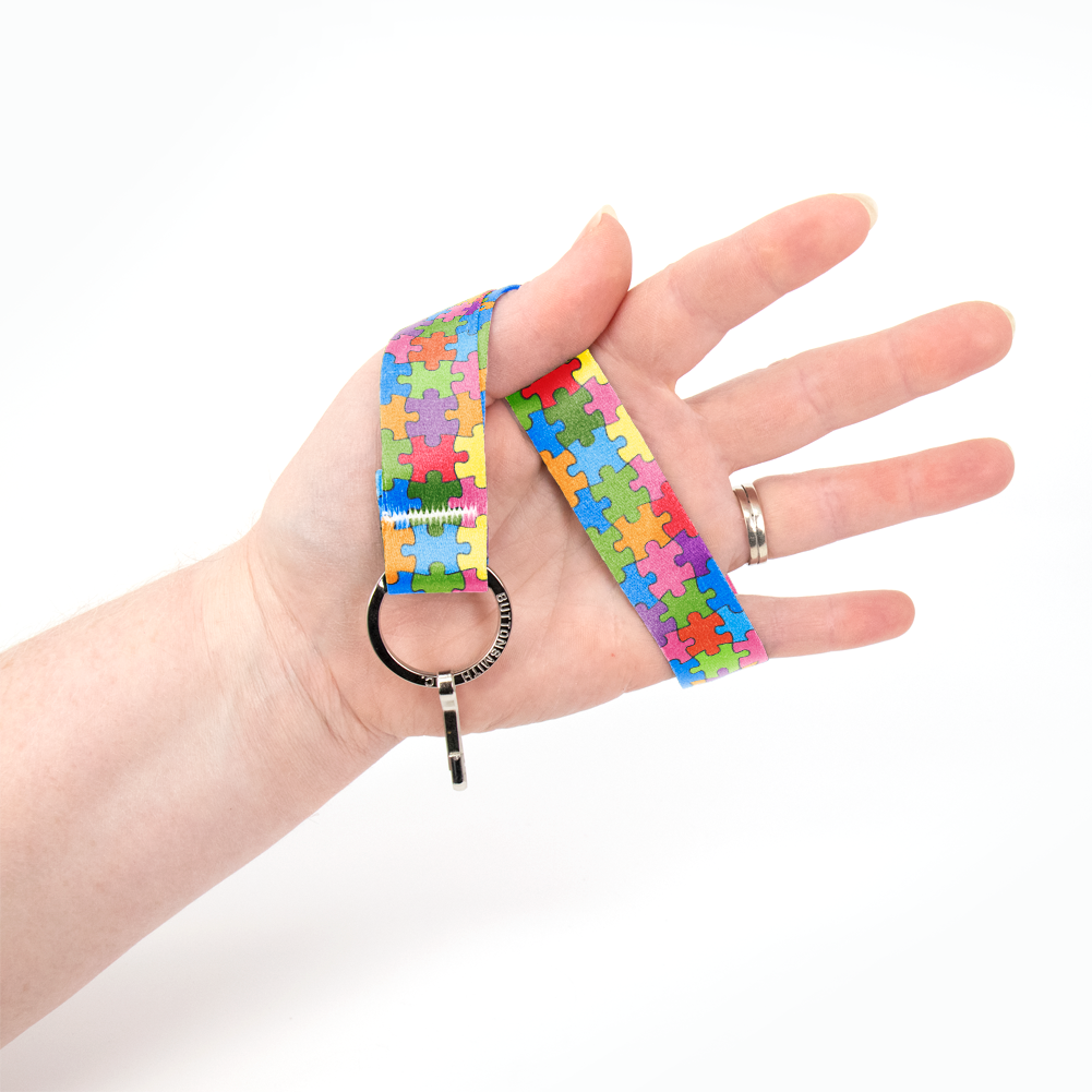 Garden Puzzle Wristlet Lanyard - Short Length with Flat Key Ring and Clip - Made in the USA