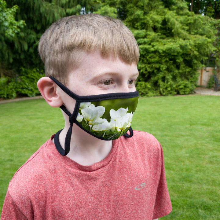 Buttonsmith White Tulips Child Face Mask with Filter Pocket - Made in the USA - Buttonsmith Inc.