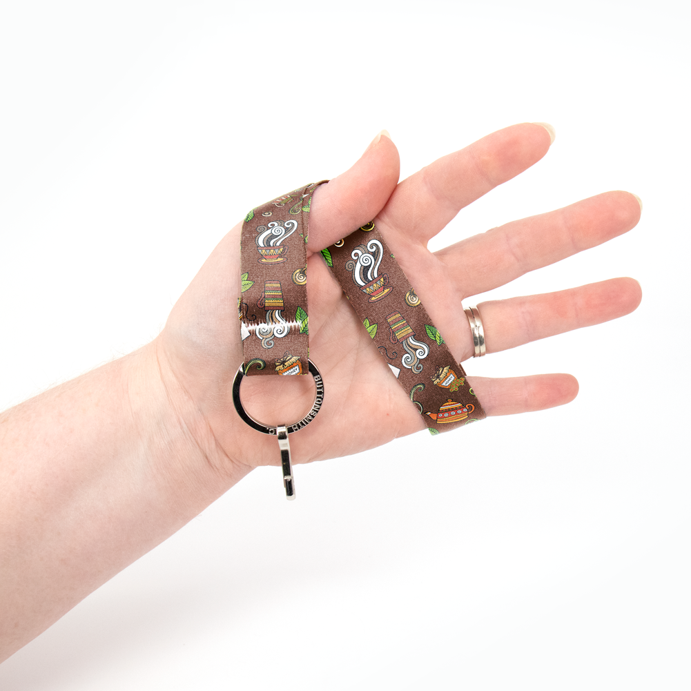 Tea Time Brown Wristlet Lanyard - Short Length with Flat Key Ring and Clip - Made in the USA