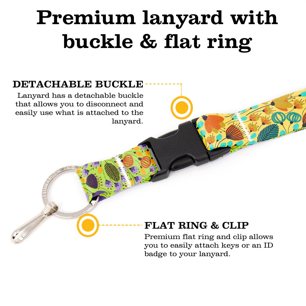 Orange Aqua Flowers Premium Lanyard - with Buckle and Flat Ring - Made in the USA