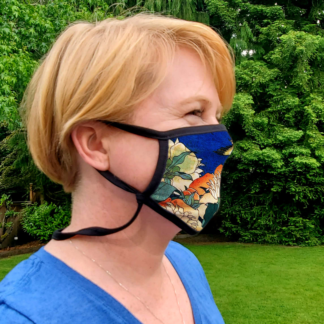 Buttonsmith Hokusai Canary & Peony Adult XL Adjustable Face Mask with Filter Pocket - Made in the USA - Buttonsmith Inc.