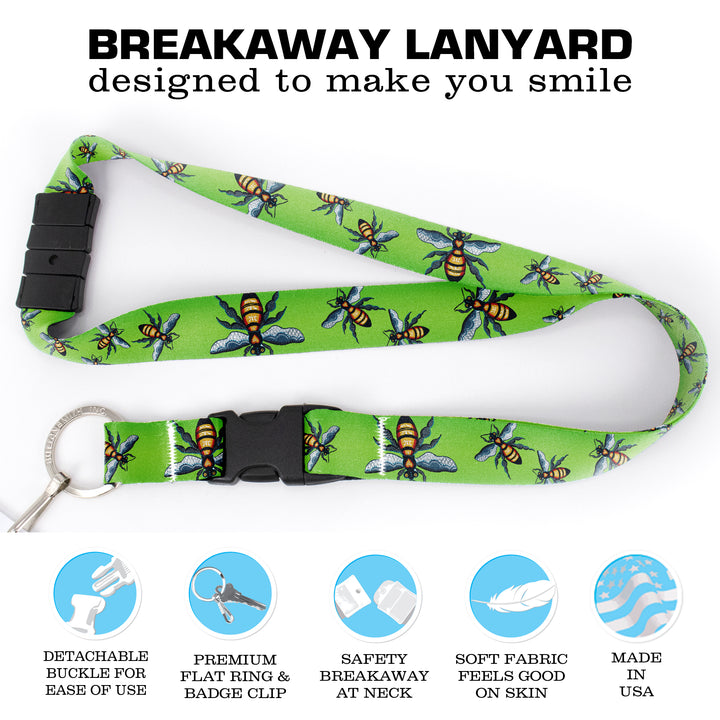 Buttonsmith Bees Breakaway Lanyard - with Buckle and Flat Ring - Based on Rebecca McGovern Art - Officially Licensed - Made in the USA - Buttonsmith Inc.