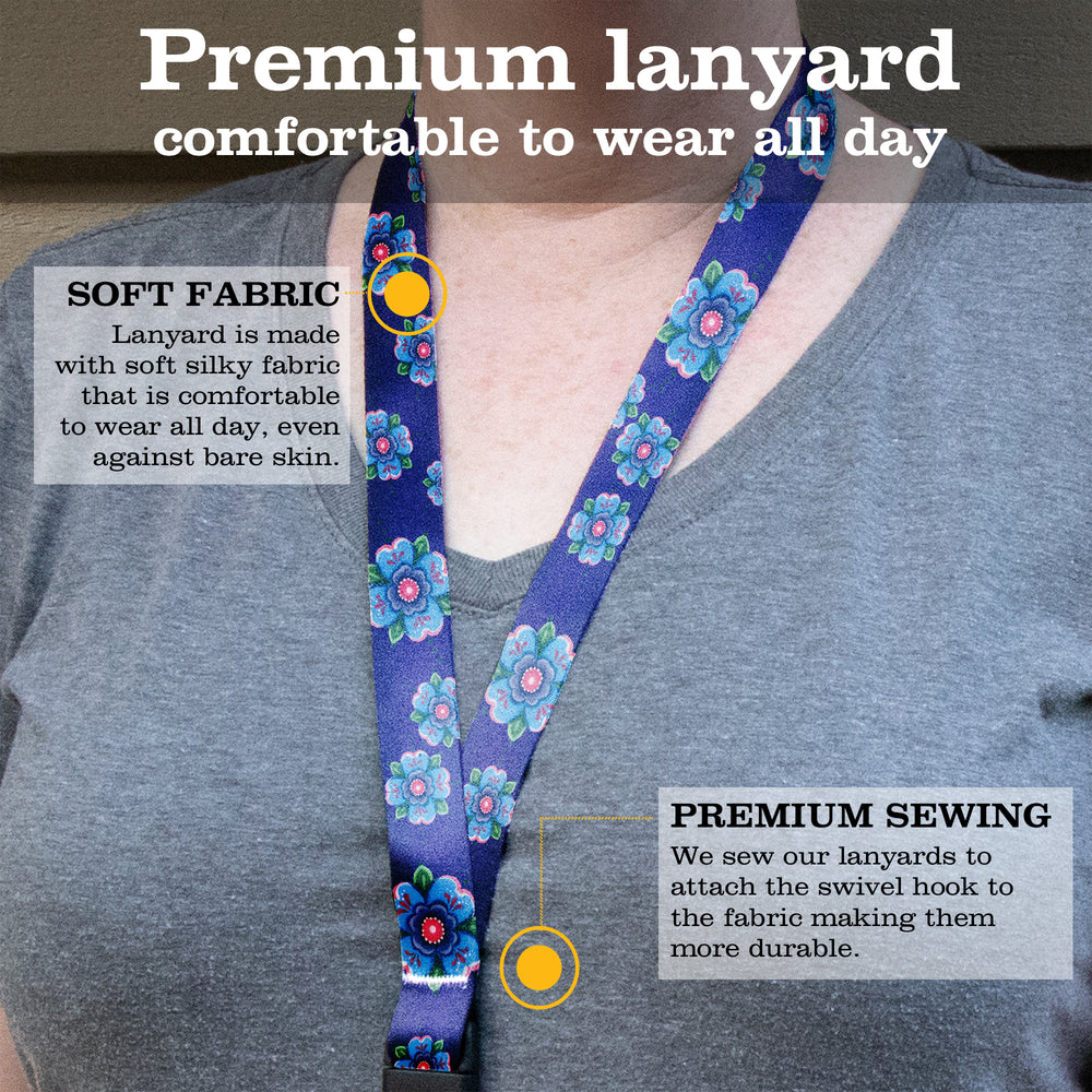 Buttonsmith Blue Rosemaling Premium Lanyard - with Buckle and Flat Ring - Based on Rebecca McGovern Art - Officially Licensed - Made in the USA - Buttonsmith Inc.