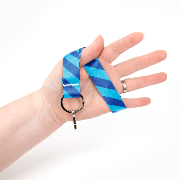 Blue Stripes Wristlet Lanyard - Short Length with Flat Key Ring and Clip - Made in the USA