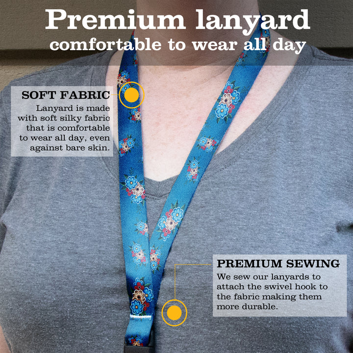 Buttonsmith Quilted Flowers Premium Lanyard - with Buckle and Flat Ring - Based on Rebecca McGovern Art - Officially Licensed - Made in the USA - Buttonsmith Inc.