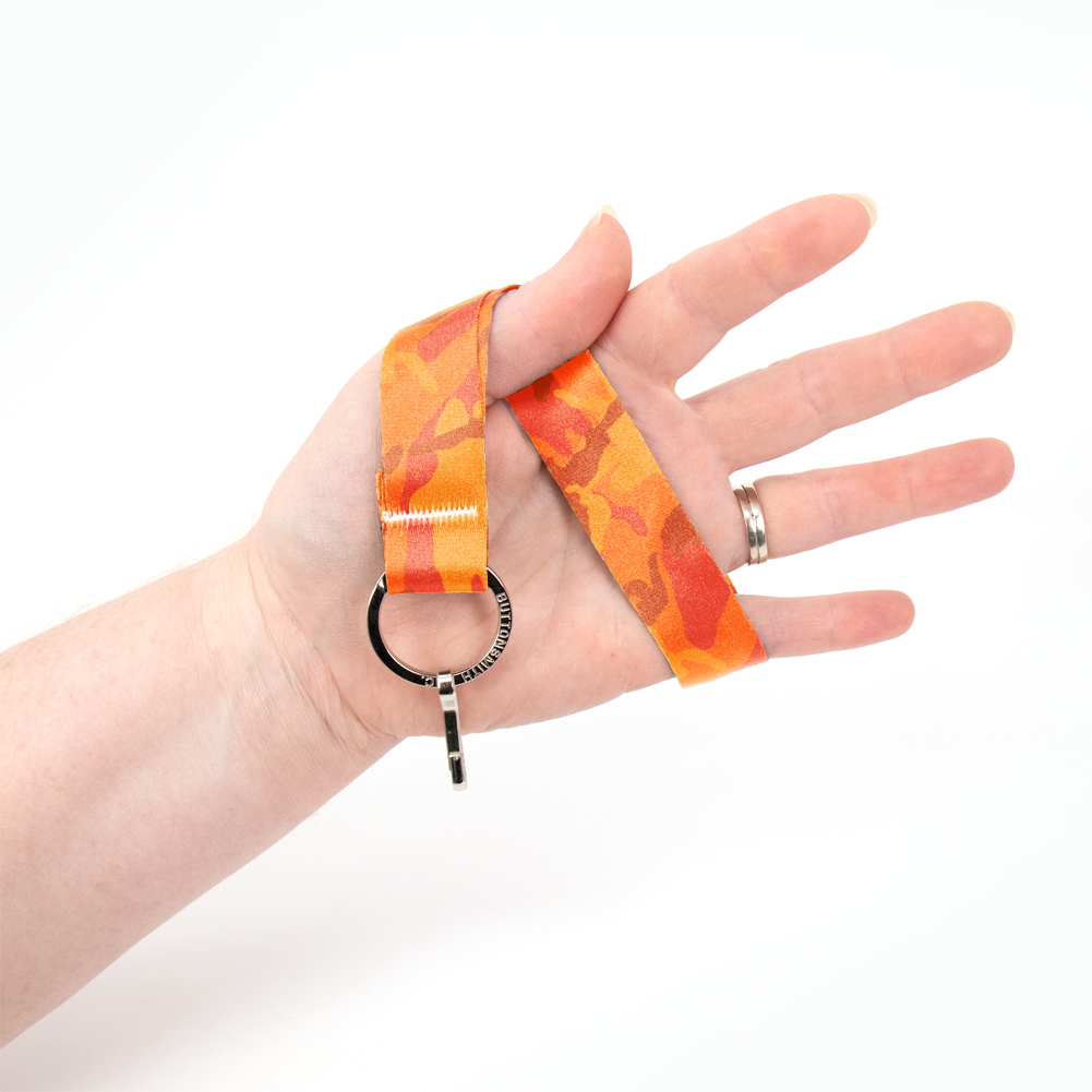 Hunter Orange Camo Wristlet Lanyard - with Buckle and Flat Ring - Made in the USA