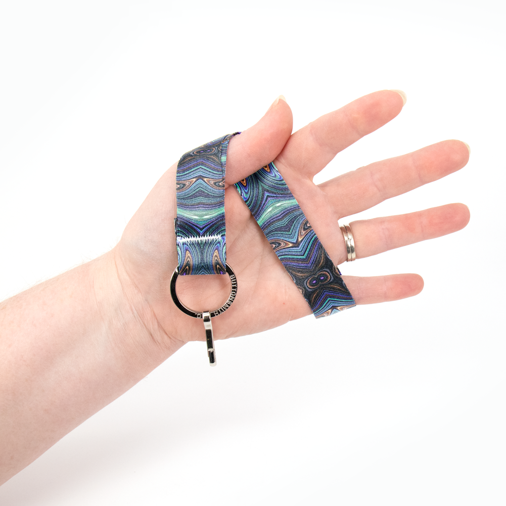 Infinity Blue Wristlet Lanyard - Short Length with Flat Key Ring and Clip - Made in the USA