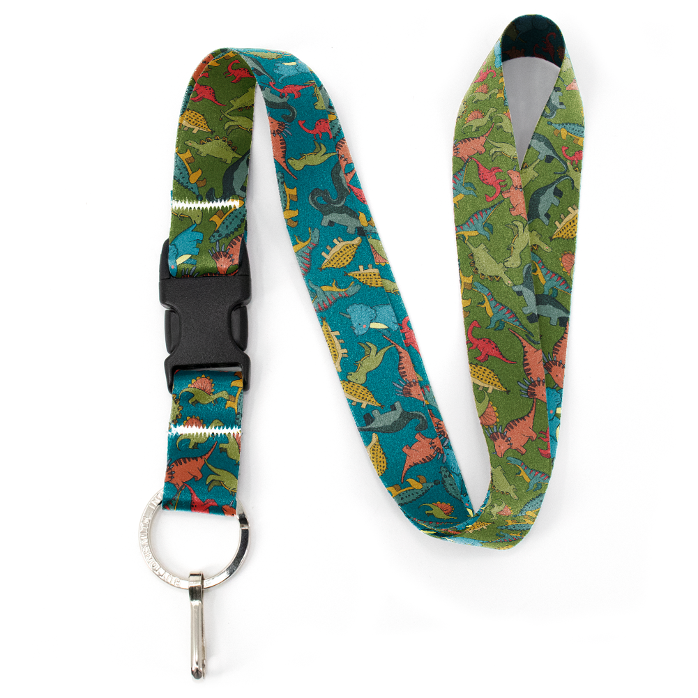 Dinosaurs Green Premium Lanyard - with Buckle and Flat Ring - Made in the USA