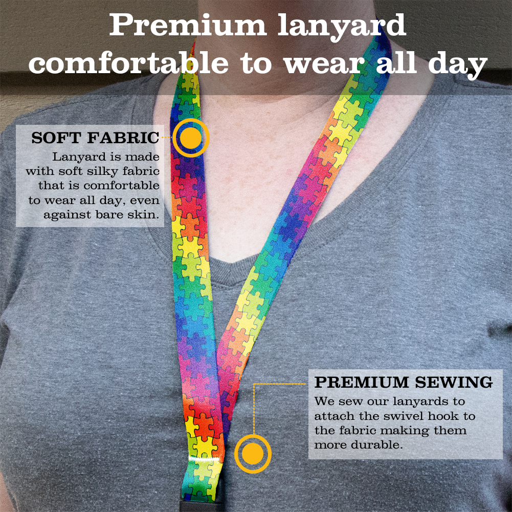 Rainbow Puzzle Breakaway Lanyard - with Buckle and Flat Ring - Made in the USA