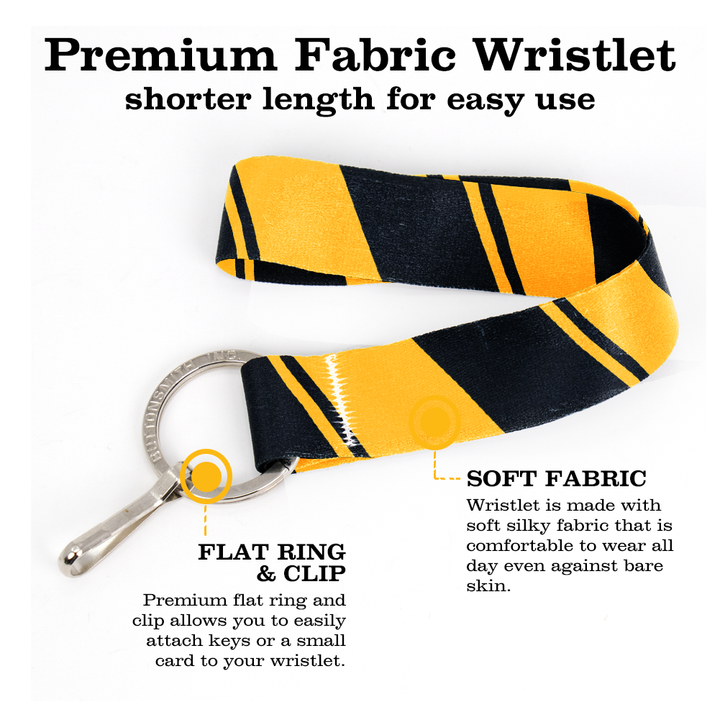 Black Yellow Stripes Wristlet Lanyard - Short Length with Flat Key Ring and Clip - Made in the USA