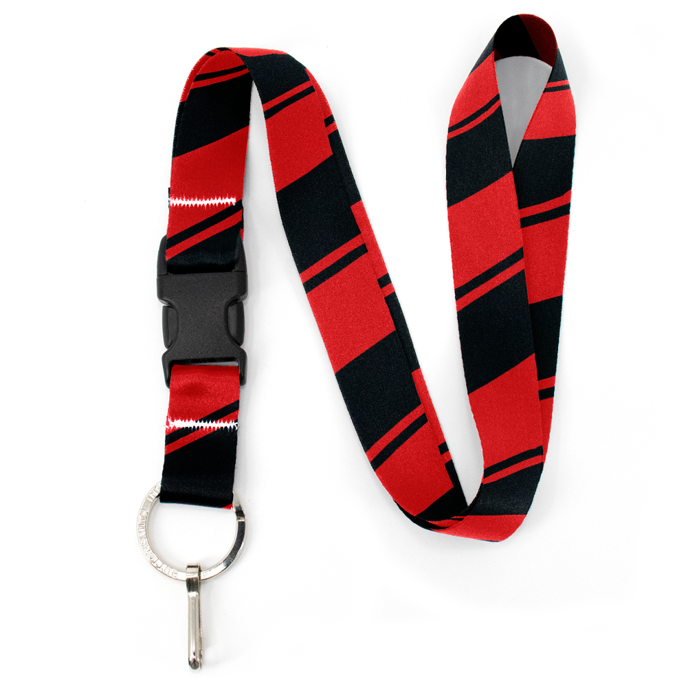 Red Black Stripes Premium Lanyard - with Buckle and Flat Ring - Made in the USA