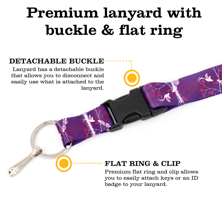 Lovebirds Purple Premium Lanyard - with Buckle and Flat Ring - Made in the USA