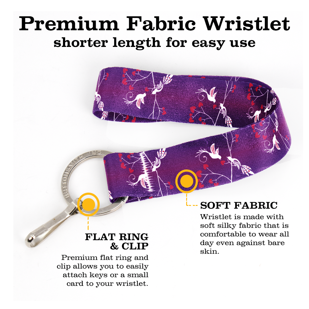 Love Birds Purple Wristlet Lanyard - Short Length with Flat Key Ring and Clip - Made in the USA