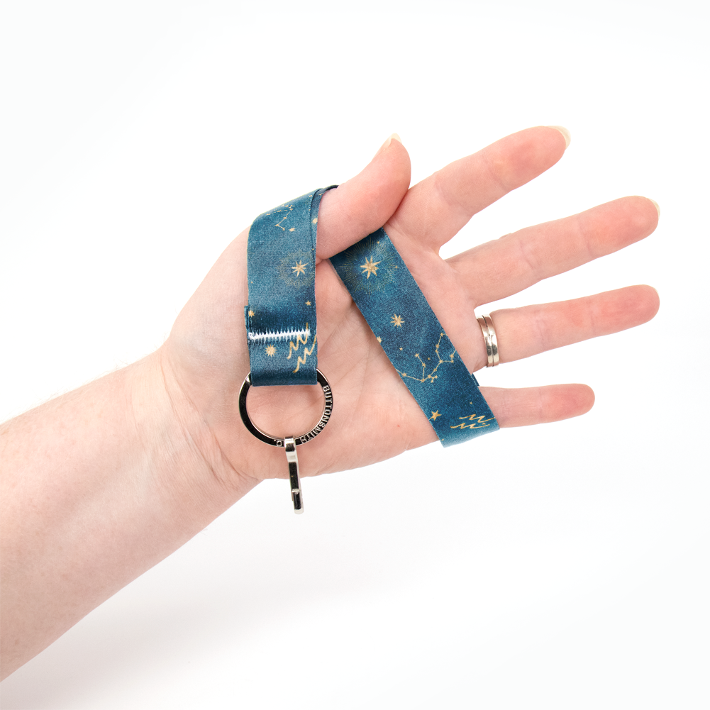 Zodiac Aquarius Wristlet Lanyard - Short Length with Flat Key Ring and Clip - Made in the USA