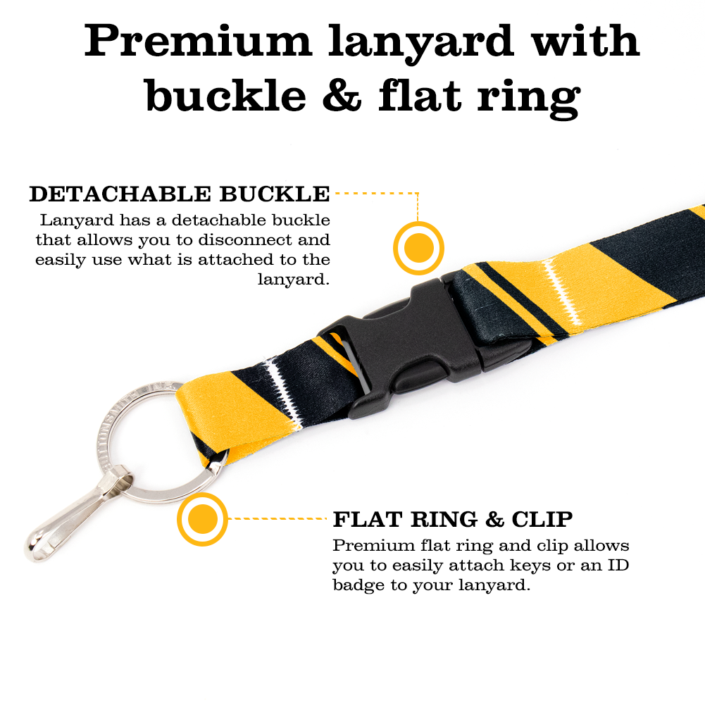 Black Yellow Stripes Breakaway Lanyard - with Buckle and Flat Ring - Made in the USA