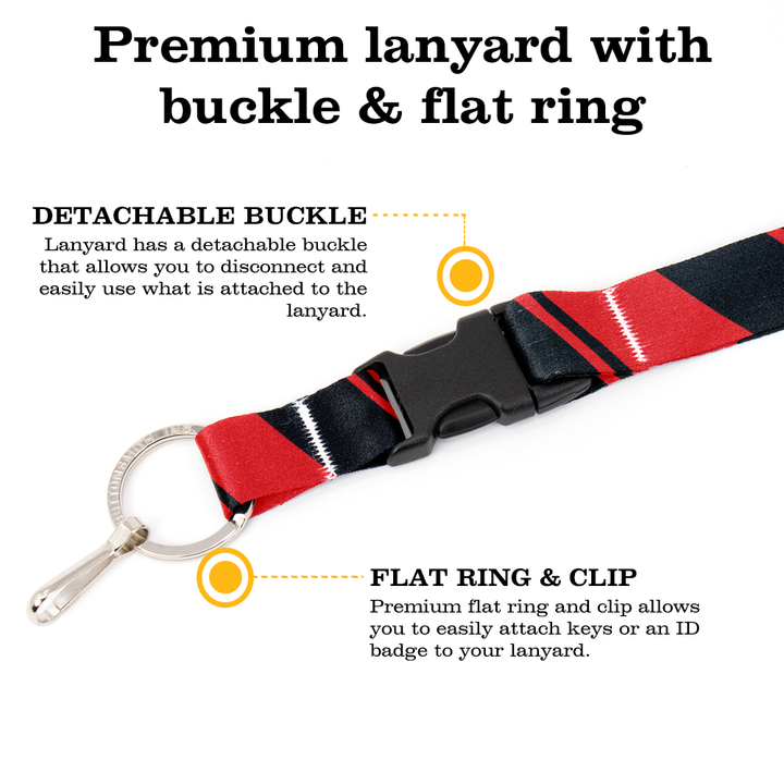 Red Black Stripes Breakaway Lanyard - with Buckle and Flat Ring - Made in the USA