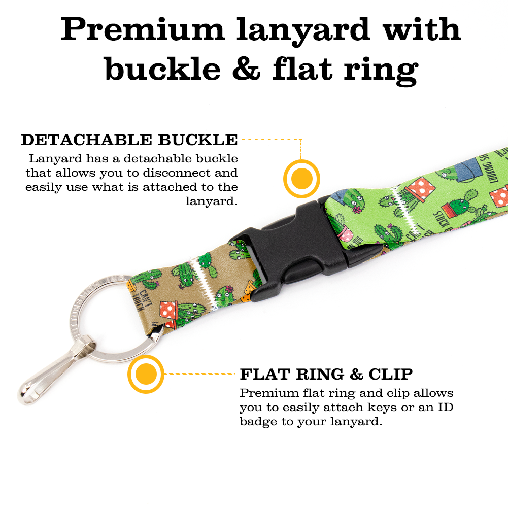 Cutie Cacti Green Premium Lanyard - with Buckle and Flat Ring - Made in the USA