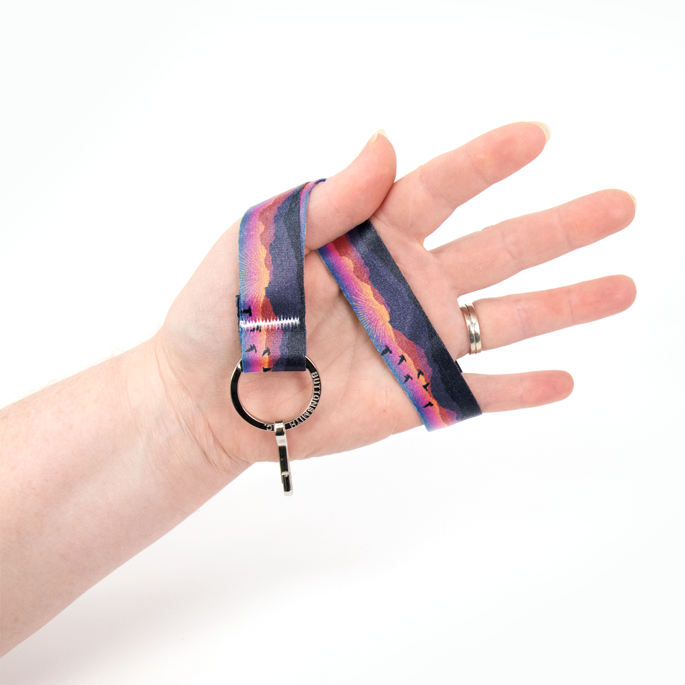 Mountain Sunset Wristlet Lanyard - Short Length with Flat Key Ring and Clip - Made in the USA