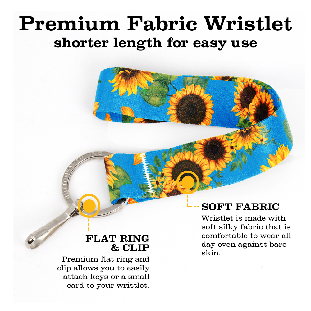 Disability Sunflowers Wristlet Lanyard - Short Length with Flat Key Ring and Clip - Made in the USA