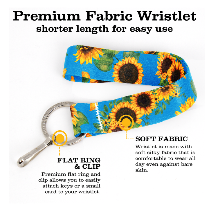 Disability Sunflowers Wristlet Lanyard - Short Length with Flat Key Ring and Clip - Made in the USA